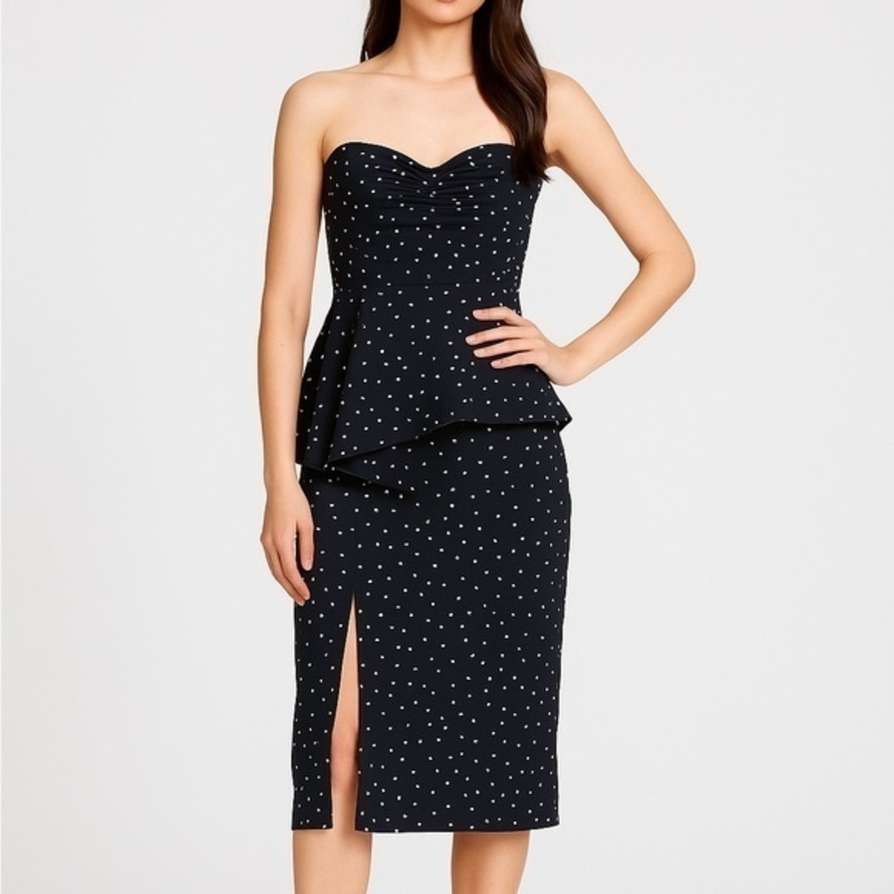 Bardot Navy Polka Dot Strapless Peplum Midi Midnight Blue Dress S Small